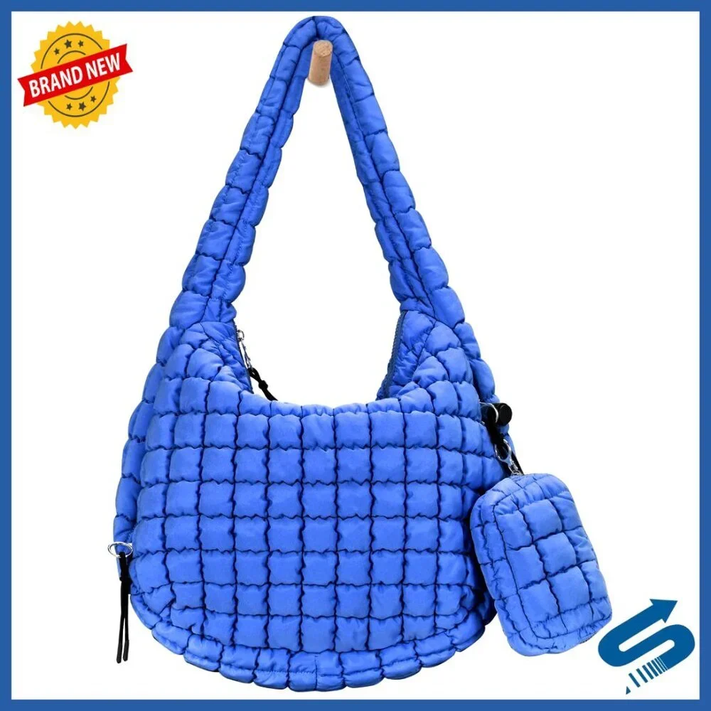 Large Lightweight Puffer Tote Bag with Crossbody Strap, Multiple Pockets